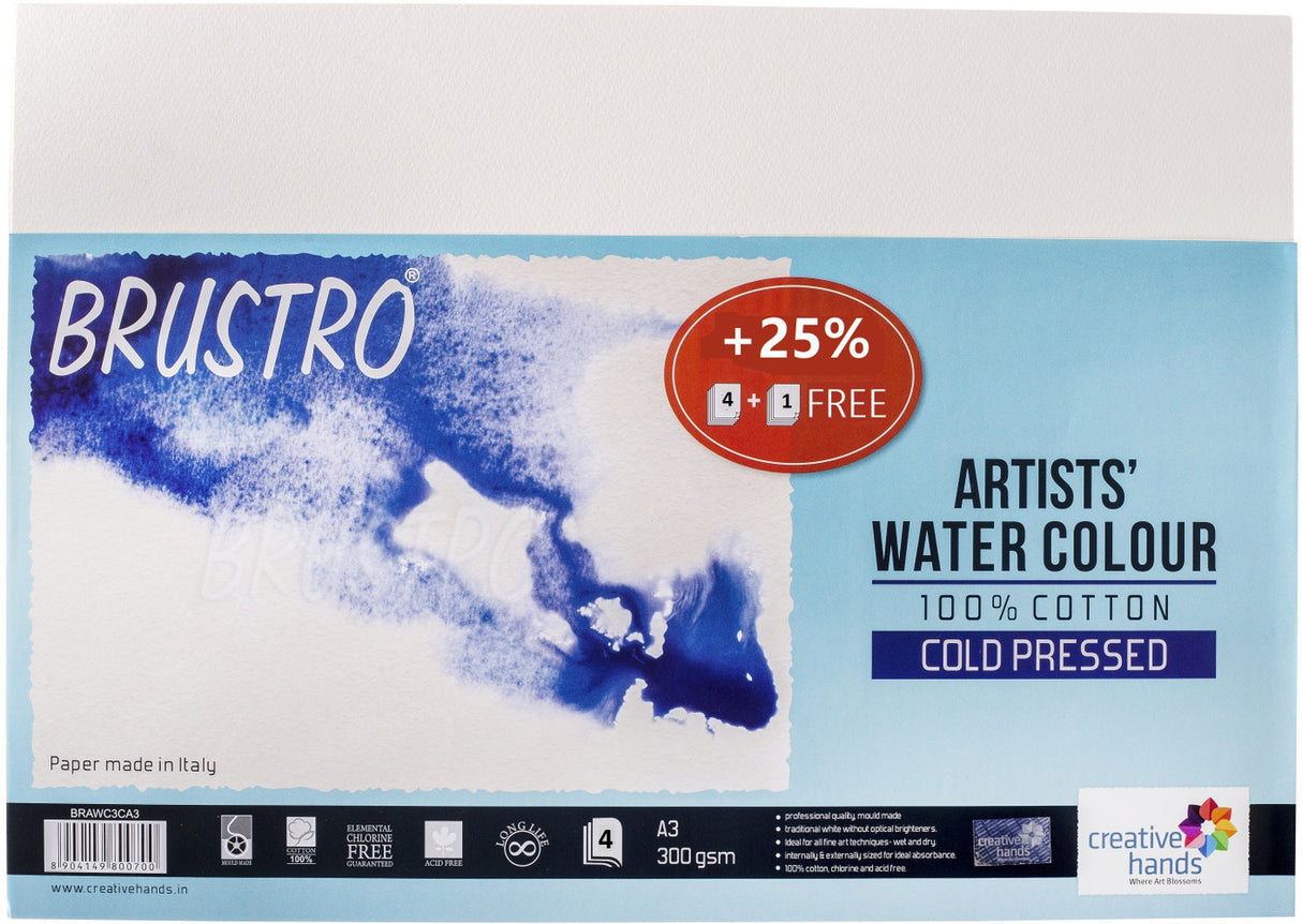 Brustro 100% Cotton Watercolour Paper A3 300 GSM 4 + 1 Sheets