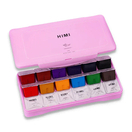 A pink case with 18 vibrant paint colors for art projects by HIMI.