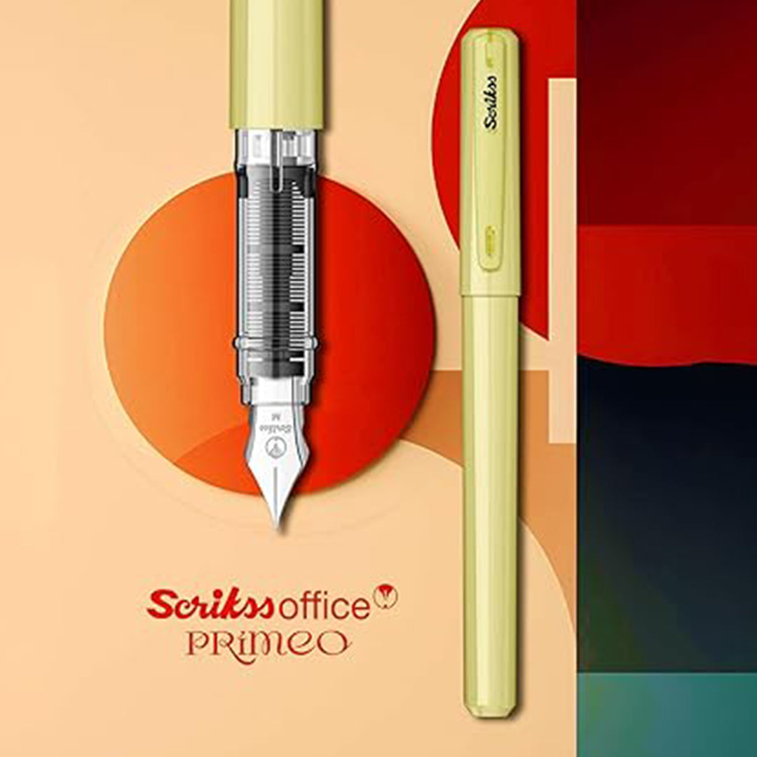 Scrikss Primeo Medium Nib Fountain Pen | 3 Cartridges Included | Stainless Steel Nib & ABS Body | Kiwi Green | in Blister Pack Scrikss