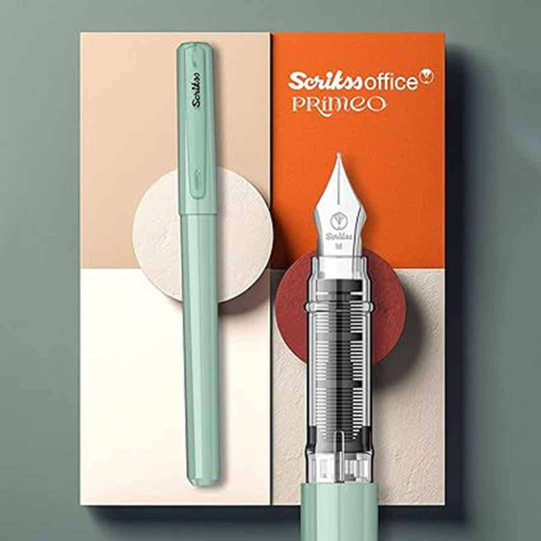 Scrikss Primeo Medium Nib Fountain Pen | 3 Cartridges Included | Stainless Steel Nib & ABS Body | Mint | in Blister Pack Scrikss