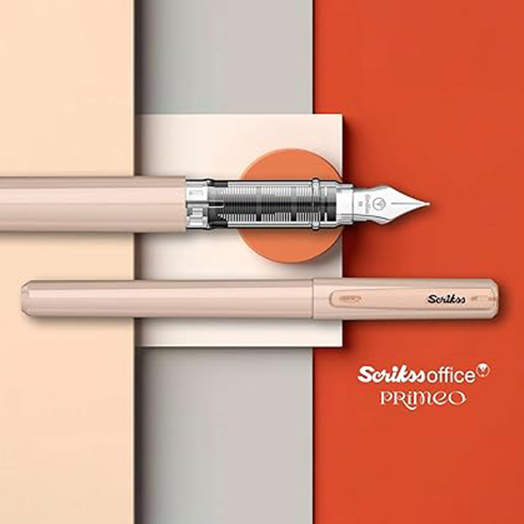Scrikss Primeo Medium Nib Fountain Pen | 3 Cartridges Included | Stainless Steel Nib & ABS Body | Latte Pastel Brown| in Blister Pack Scrikss
