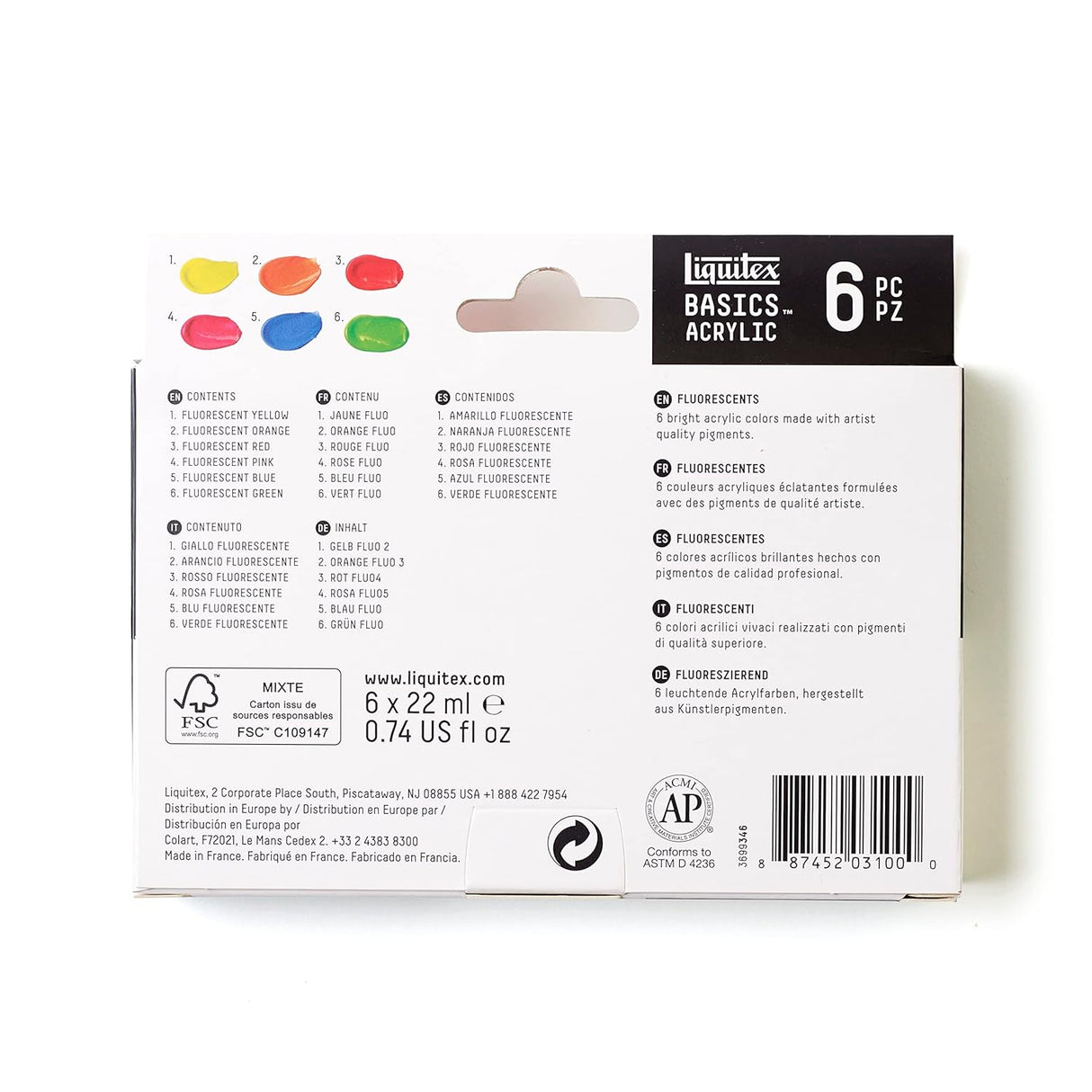 Liquitex Basics Fluorescent Acrylic Paint Set - 6 x 22ml Tubes
