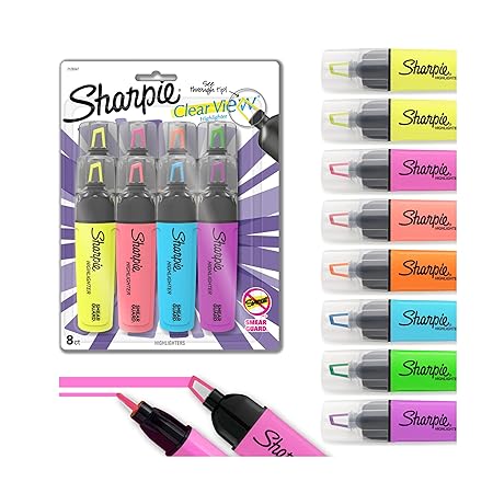 Sharpie Clear View Highlighters, Chisel Tip, Assorted Fluorescent, 8 Pack