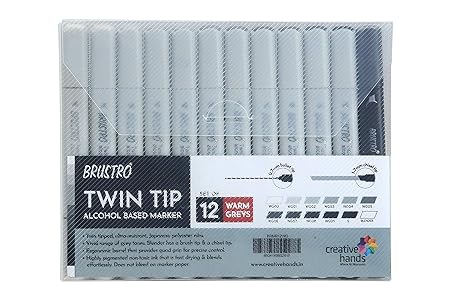 Brustro Twin Tip Alcohol Marker Set 12 Warm Greys Broad & Fine