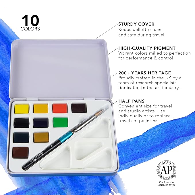Daler Rowney Aquafine Mini Watercolour Travel Tin - 10 Half Pan