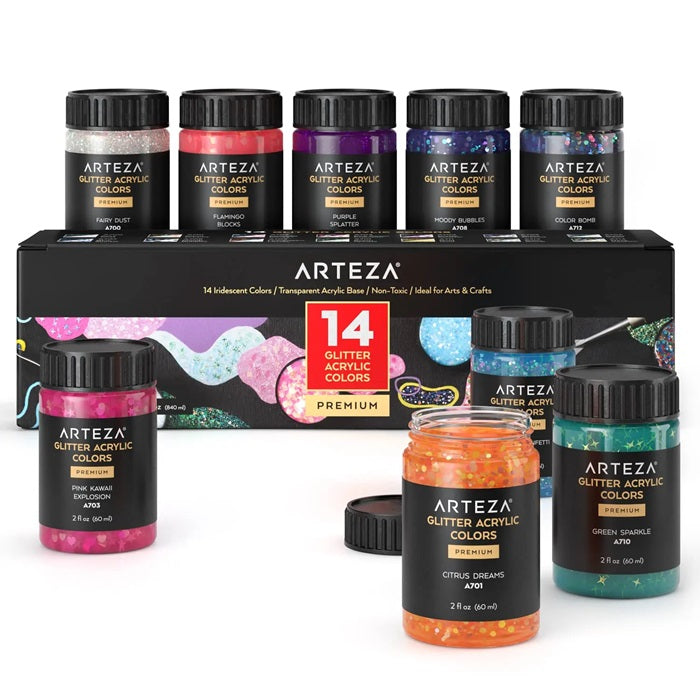 Arteza Glitter Acrylic Paint Colour Set Of 14 Premium, Iridescent, High-Viscosity