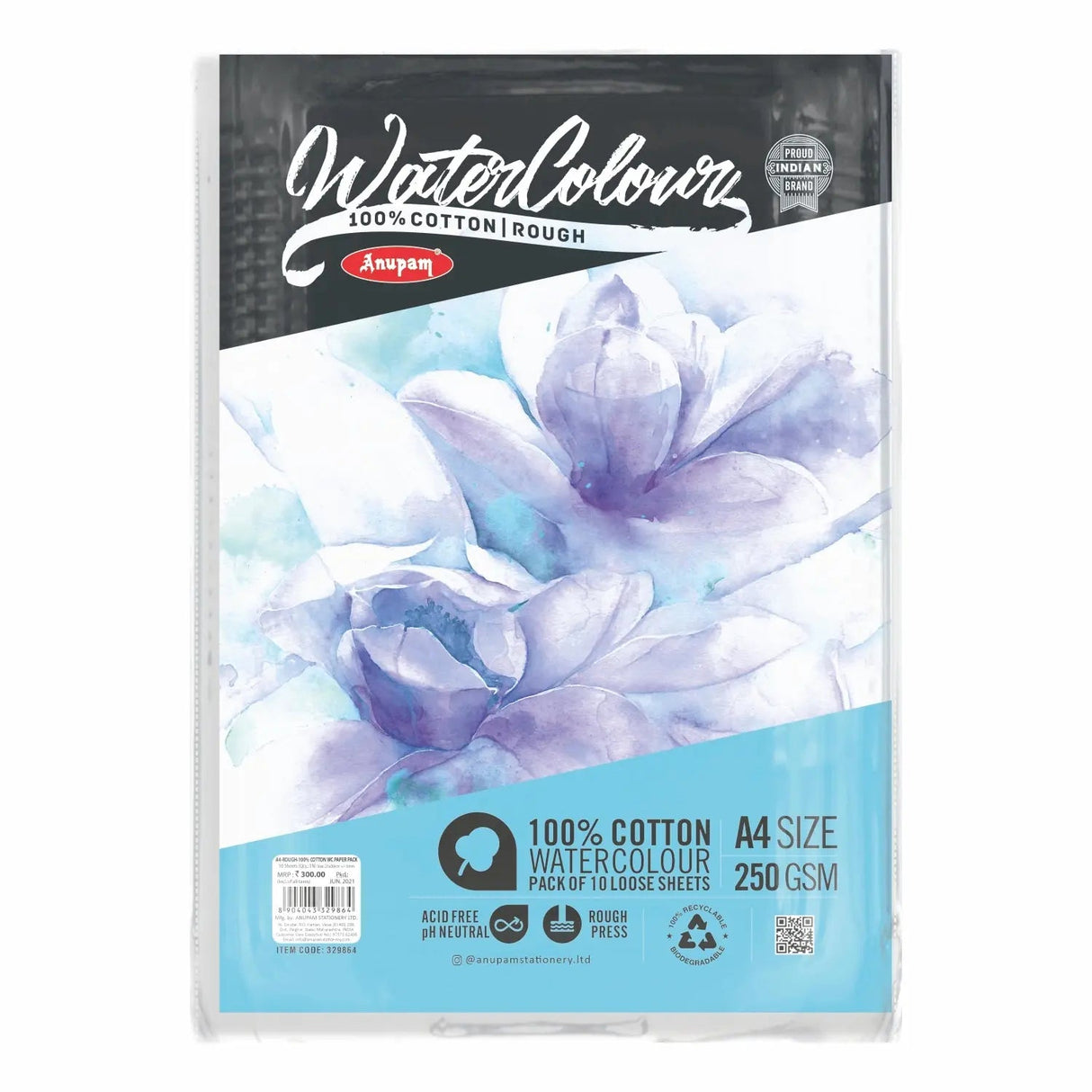 Anupam 100% Cotton Watercolour Paper - Loose Sheets - 250 GSM - Rough Pressed Anupam