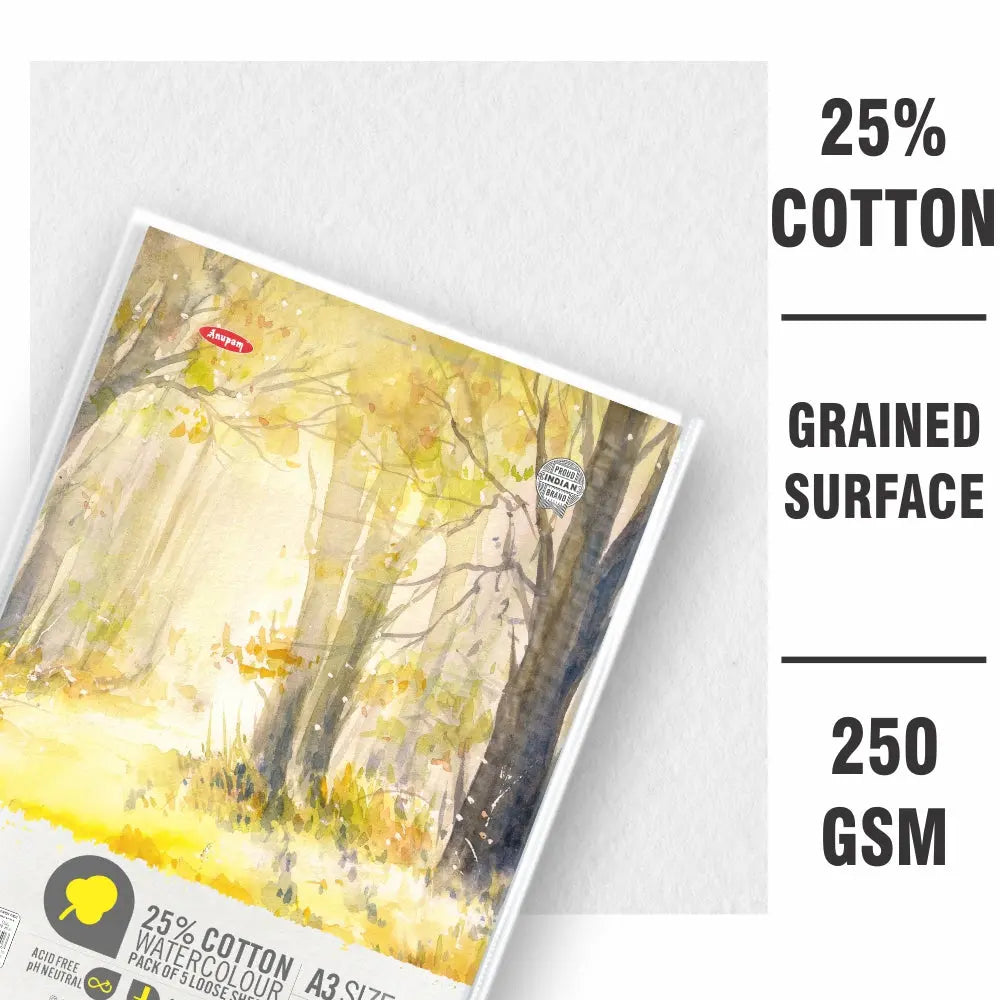 Anupam 25% Cotton Watercolour Paper Loose Sheets 250 GSM Cold Pressed Anupam