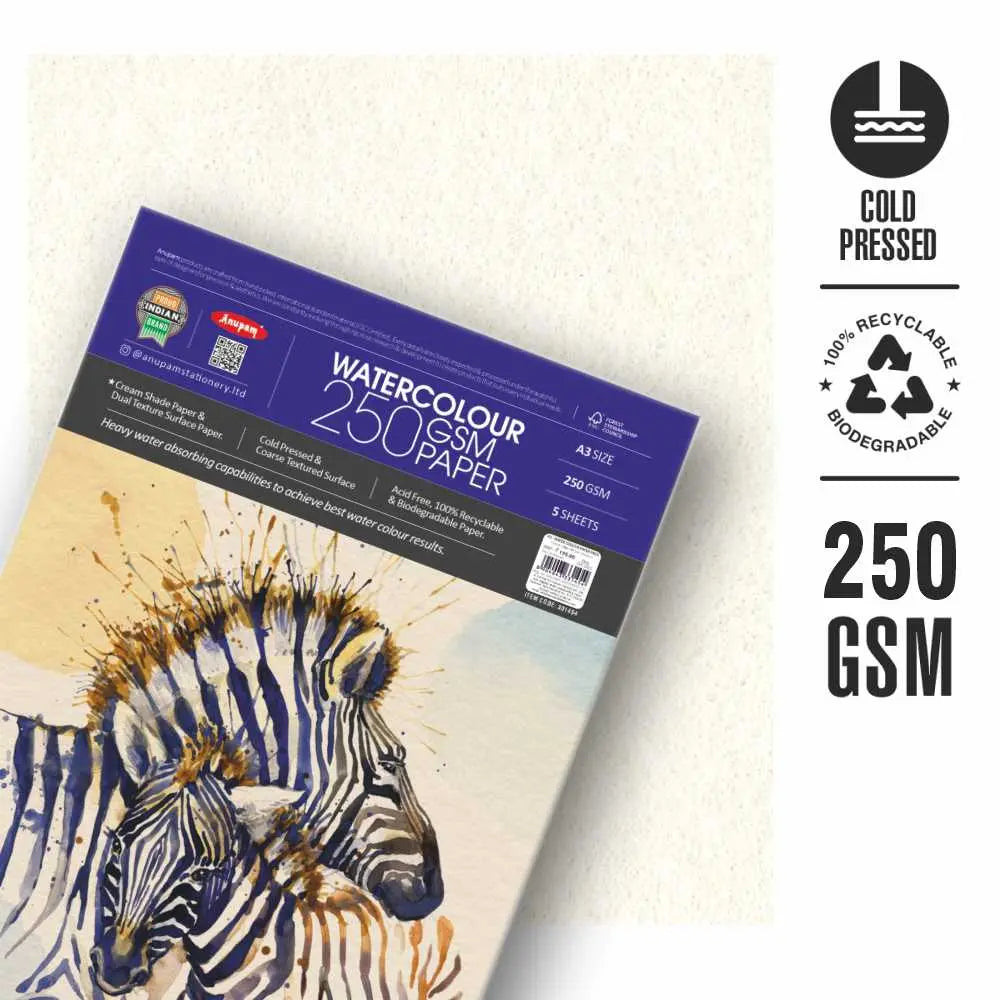 Anupam Watercolour Paper Cream Shade 250 GSM Cold Pressed  (Loose Sheets) Anupam