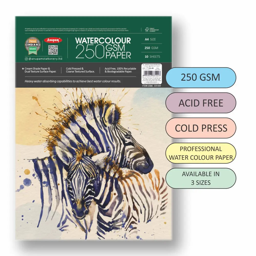Anupam Watercolour Paper Cream Shade 250 GSM Cold Pressed  (Loose Sheets) Anupam