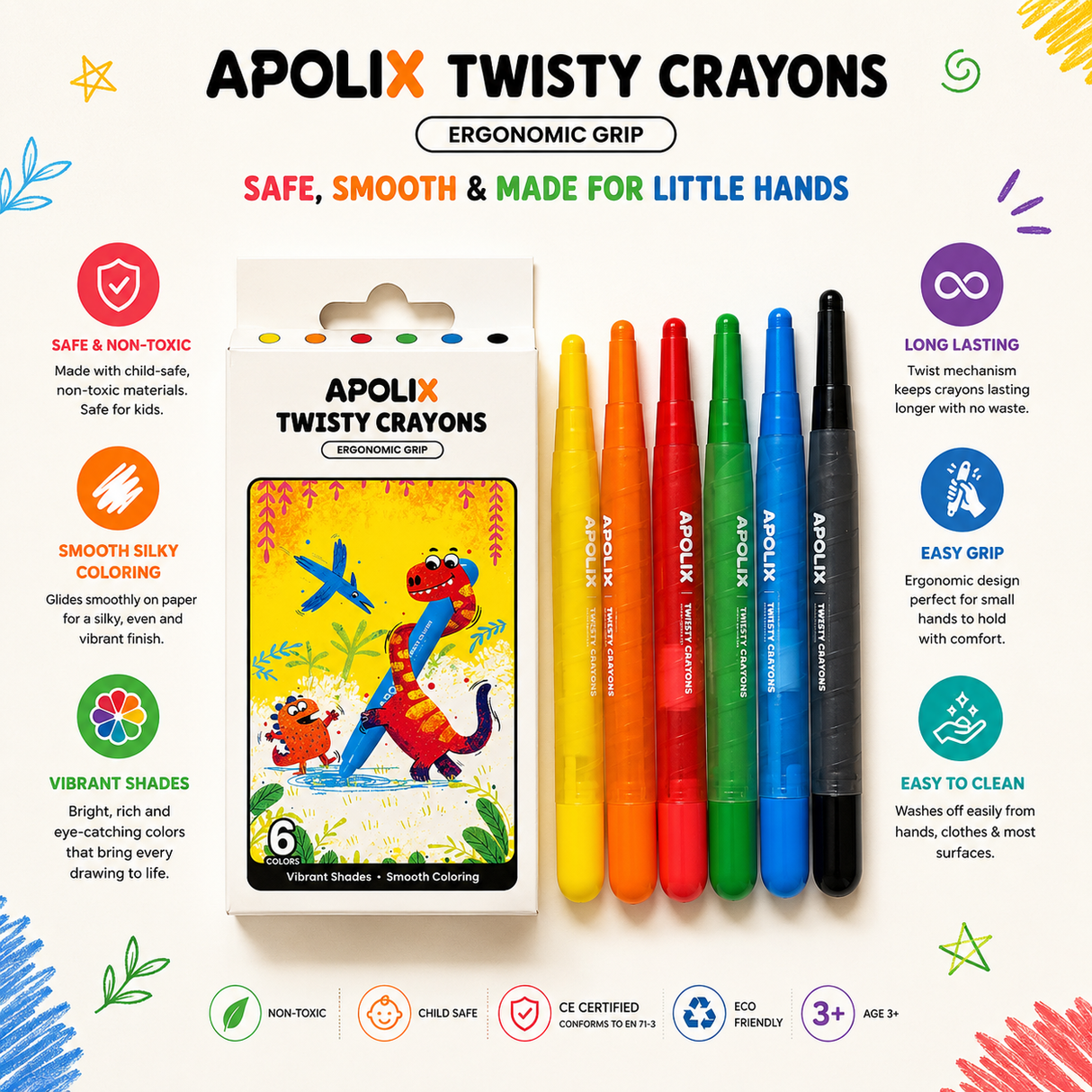 A set of Apolix Twisty Crayons shown with their retail box on a white background. The crayons include orange, yellow, green, blue, and black colors, and the packaging features cartoon dinosaur illustrations.