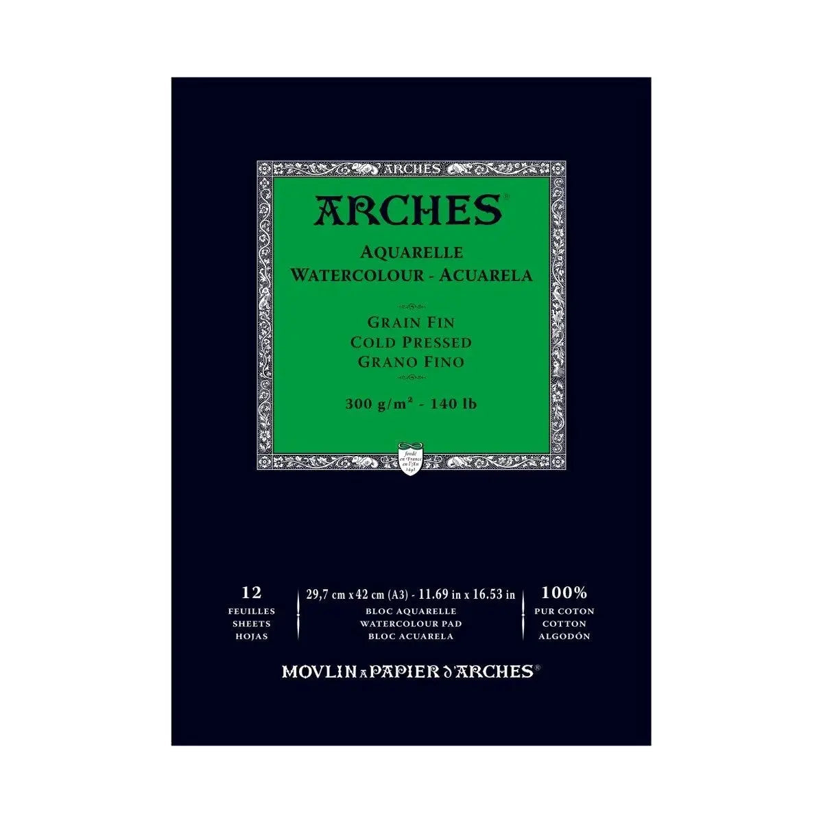 Arches Watercolour- Aquarelle -Short Side Glued Pad of 12 Sheets Arches