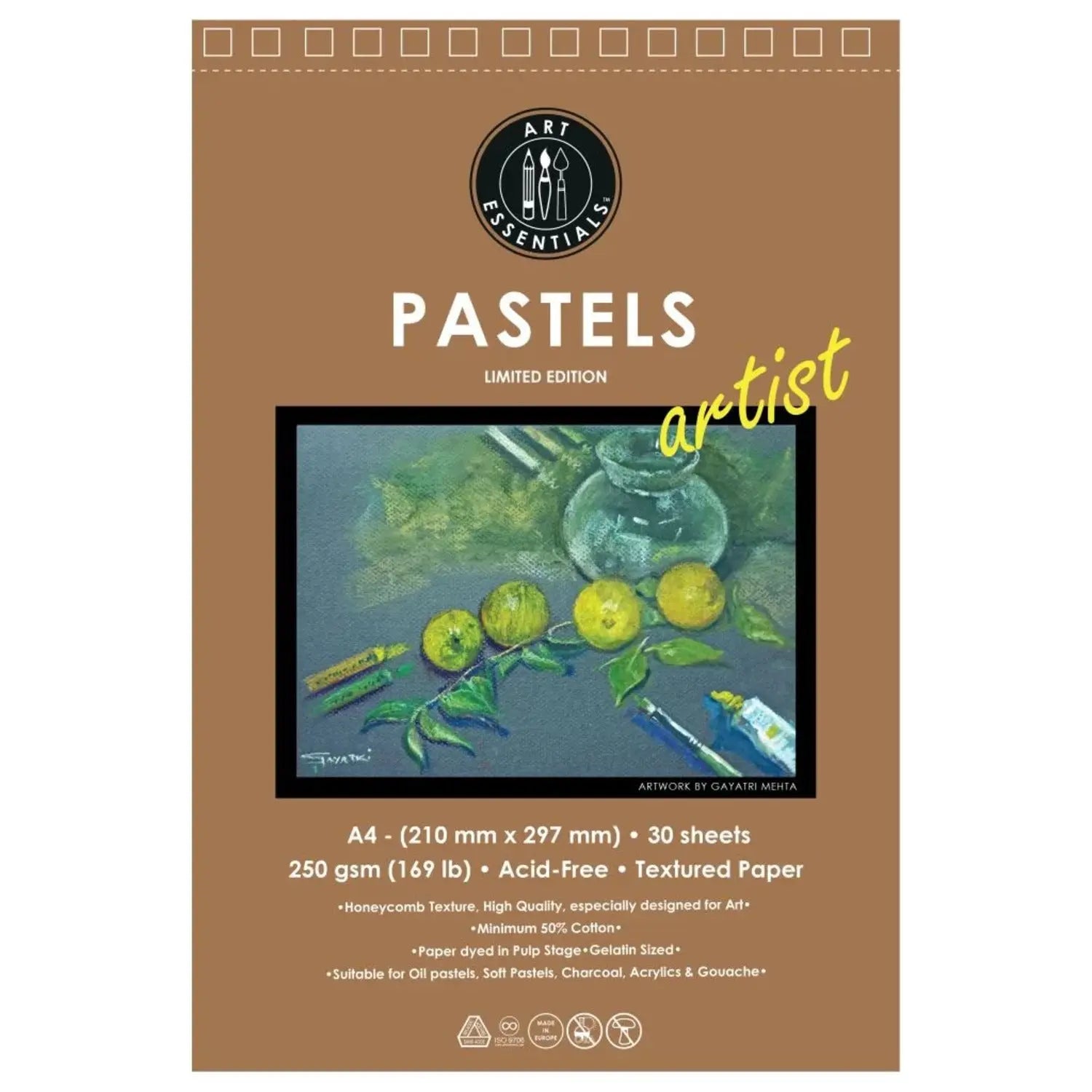 Art Essentials Artist Pastel Artist Paper-250 GSM,50% Pure Cotton Wiro Pads,20SHT with Micro-Perforation Art Essentials