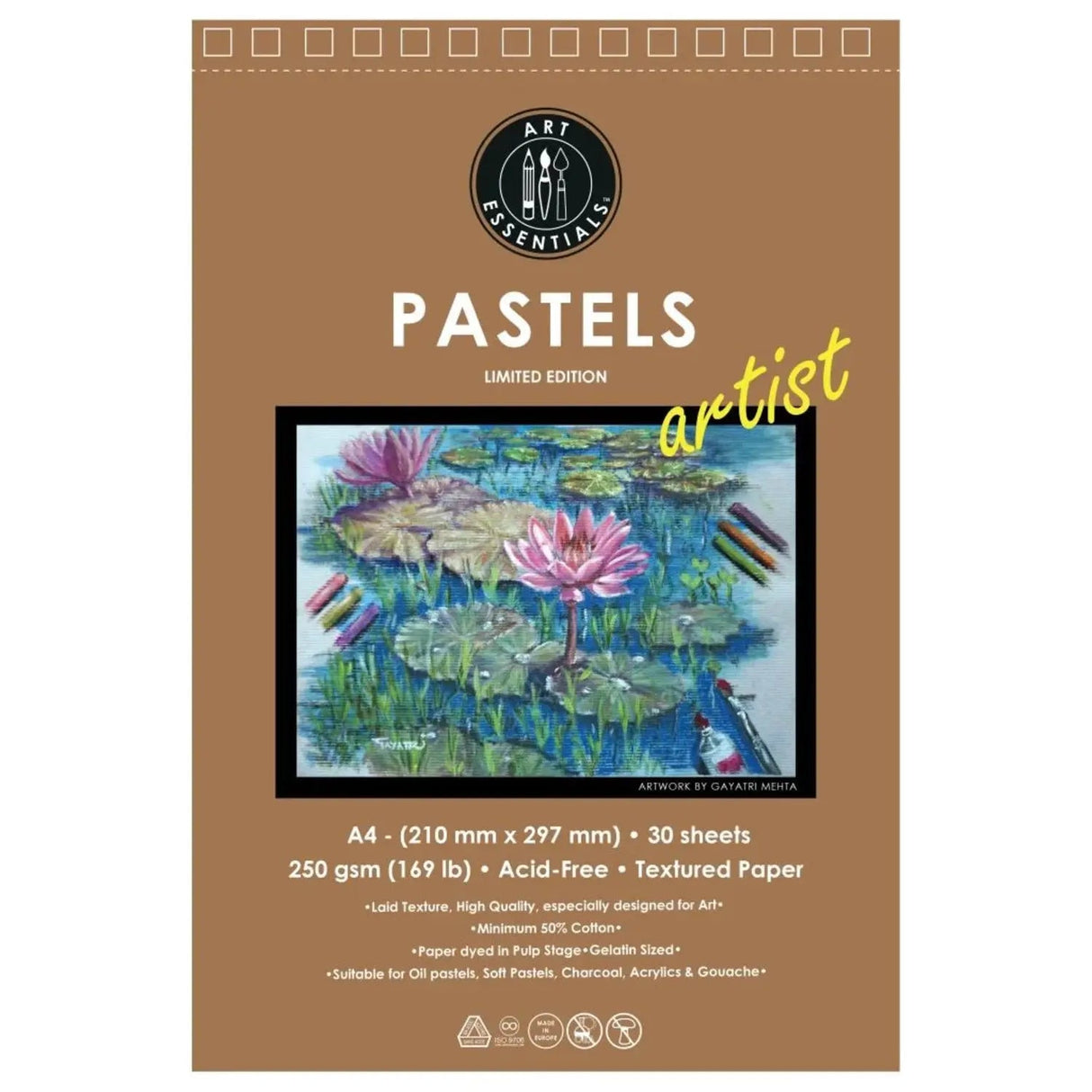 Art Essentials Artist Pastel Artist Paper-250 GSM,50% Pure Cotton Wiro Pads,20SHT with Micro-Perforation Art Essentials