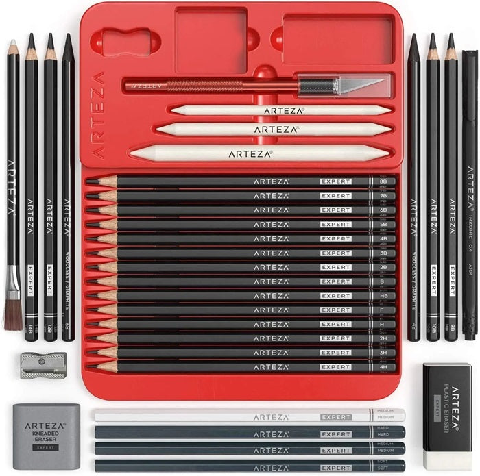 Arteza Expert Drawing Pencil Set, 33 Pieces Complete Set For Graphite And Charcoal D