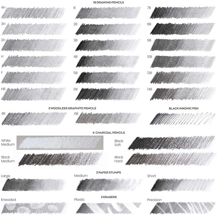 Arteza Expert Drawing Pencil Set, 33 Pieces Complete Set For Graphite And Charcoal D