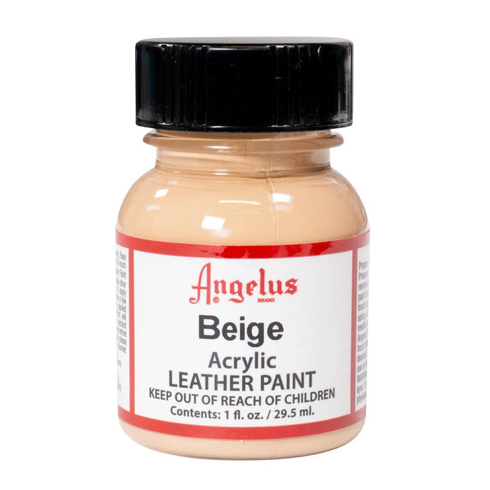 "A small bottle of Angelus brand leather paint labeled ""Beige"" containing 1 fl. oz. (29.5 ml) of acrylic paint. The label advises to keep out of reach of children. "