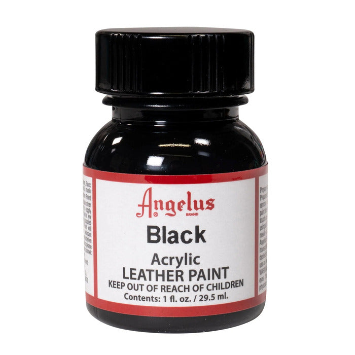 "A small bottle of Angelus brand leather paint labeled "Black" containing 1 fl. oz. (29.5 ml) of acrylic paint. The label advises to keep out of reach of children.