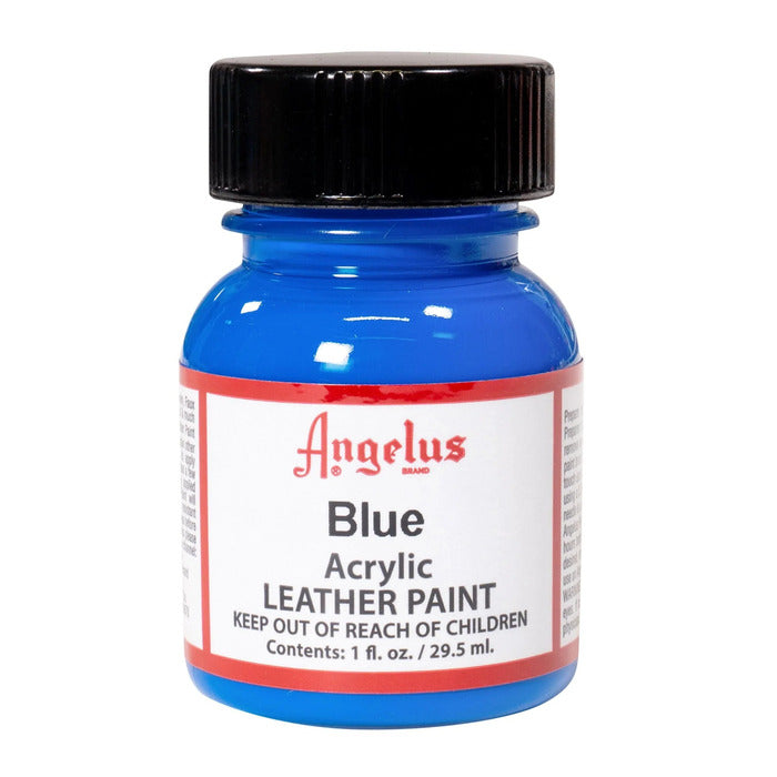 A small bottle of Angelus brand leather paint labeled "Blue"" containing 1 fl. oz. (29.5 ml) of acrylic paint. The label advises to keep out of reach of children.