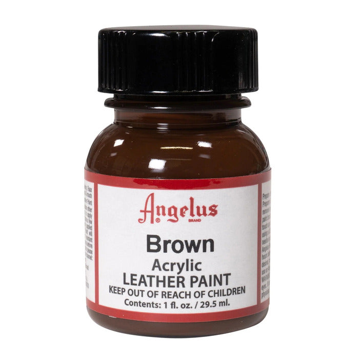 A small bottle of Angelus brand leather paint labeled "Brown" containing 1 fl. oz. (29.5 ml) of acrylic paint. The label advises to keep out of reach of children.