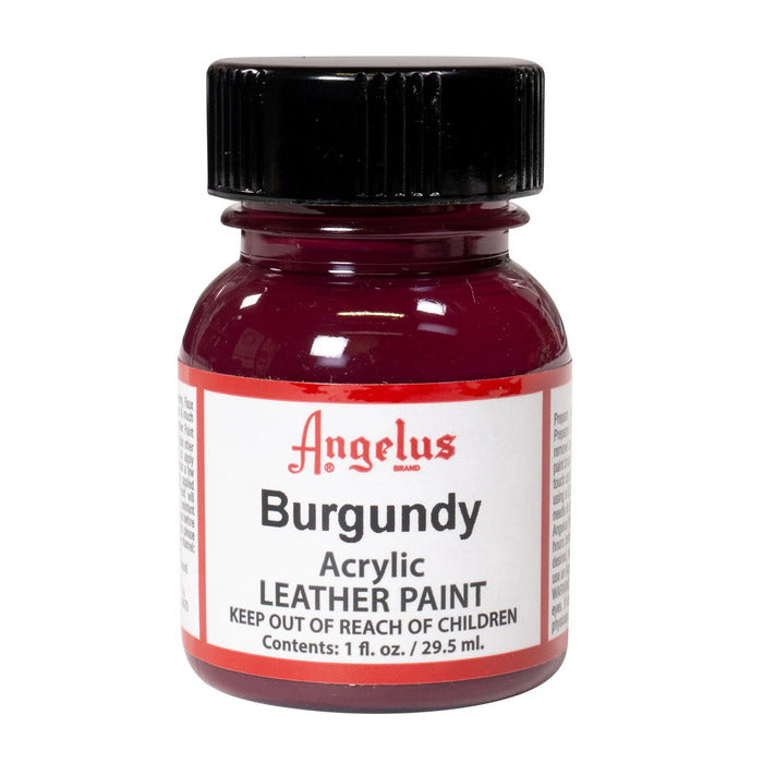 A small bottle of Angelus brand leather paint labeled "Burgundy" containing 1 fl. oz. (29.5 ml) of acrylic paint. The label advises to keep out of reach of children.
