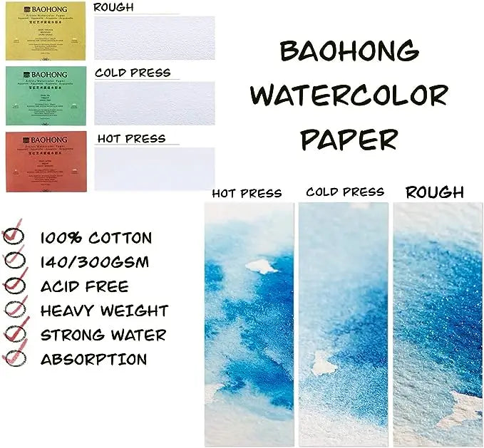 Baohong Artists Watercolour Paper - Natural White 300 GSM - 100% Cotton Paper Glued 4 Side Pad (Block) Of 20 Sheet (Artist Level) Baohong