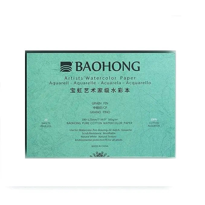Baohong Artists Watercolour Paper - Natural White 300 GSM - 100% Cotton Paper Glued 4 Side Pad (Block) Of 20 Sheet (Artist Level) Baohong