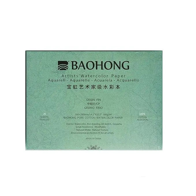Baohong Artists Watercolour Paper - Natural White 300 GSM - 100% Cotton Paper Glued 4 Side Pad (Block) Of 20 Sheet (Artist Level) Baohong
