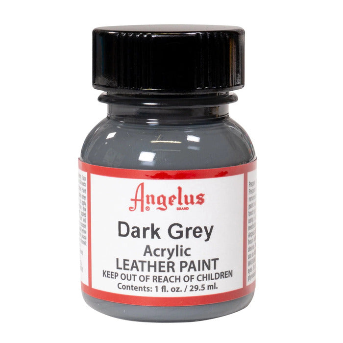 A small bottle of Angelus brand leather paint labeled "Dark Grey" containing 1 fl. oz. (29.5 ml) of acrylic paint. The label advises to keep out of reach of children.
