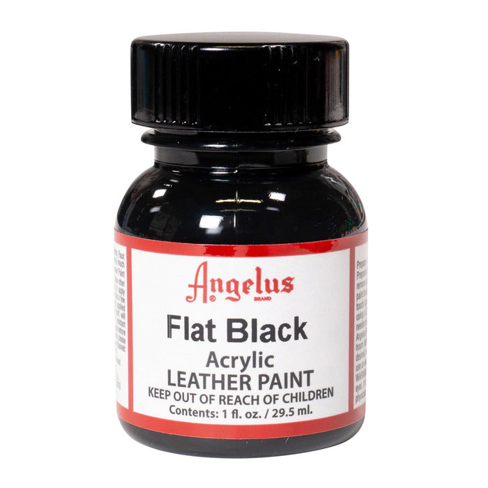 A small bottle of Angelus brand leather paint labeled "Flat Black" containing 1 fl. oz. (29.5 ml) of acrylic paint. The label advises to keep out of reach of children.