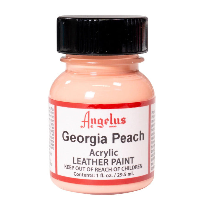 A small bottle of Angelus brand leather paint labeled "Georgia Peach" containing 1 fl. oz. (29.5 ml) of acrylic paint. The label advises to keep out of reach of children.