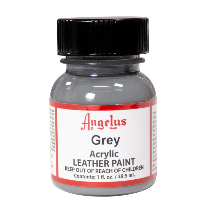 A small bottle of Angelus brand leather paint labeled "Grey" containing 1 fl. oz. (29.5 ml) of acrylic paint. The label advises to keep out of reach of children.