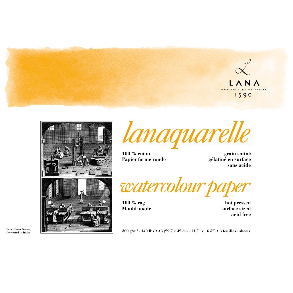 Lana Lanaquarelle A3 300gsm Hot Press Smooth Paper 3 Sheets