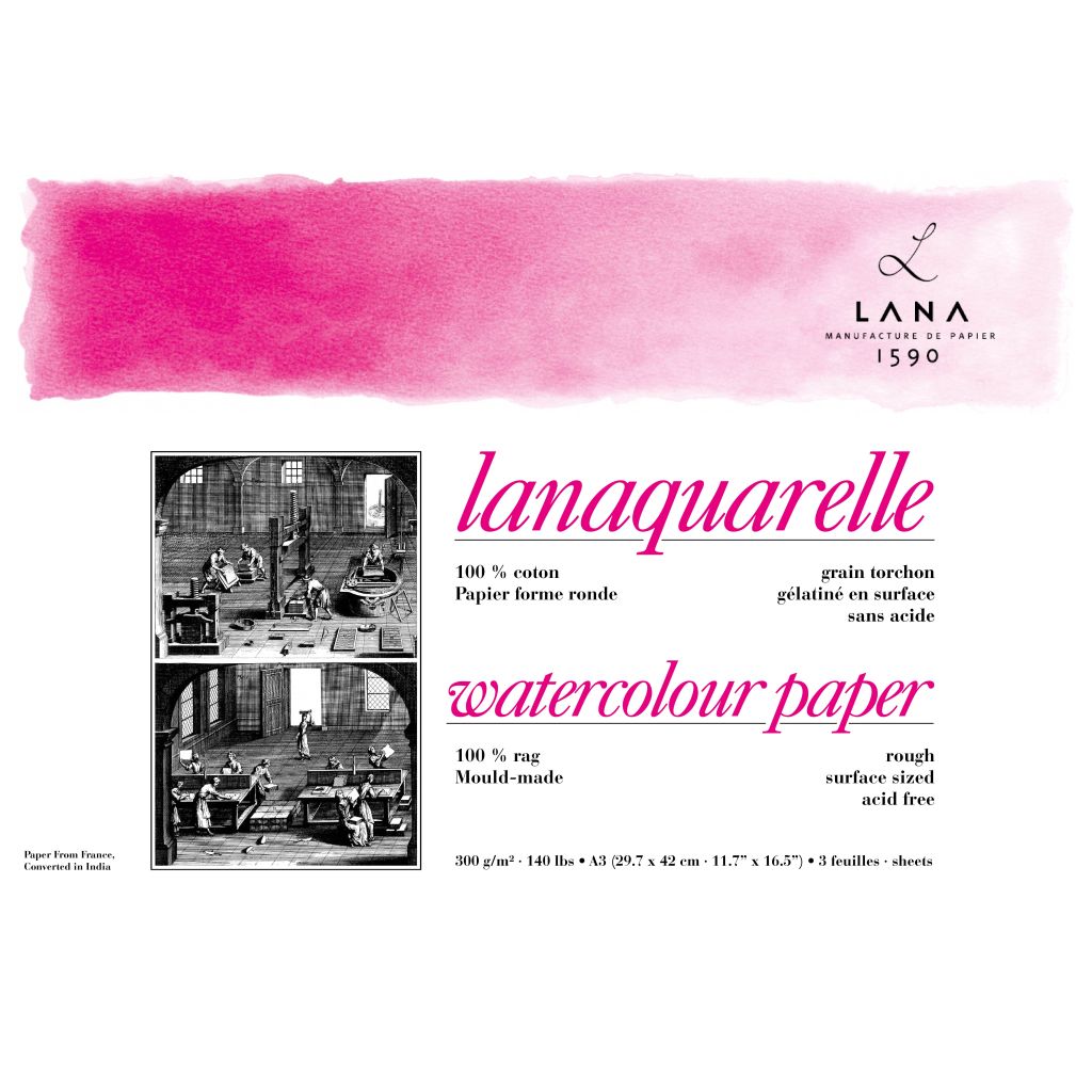 Lana Lanaquarelle A3 300gsm Rough Grain Watercolour Paper 3 Sheets