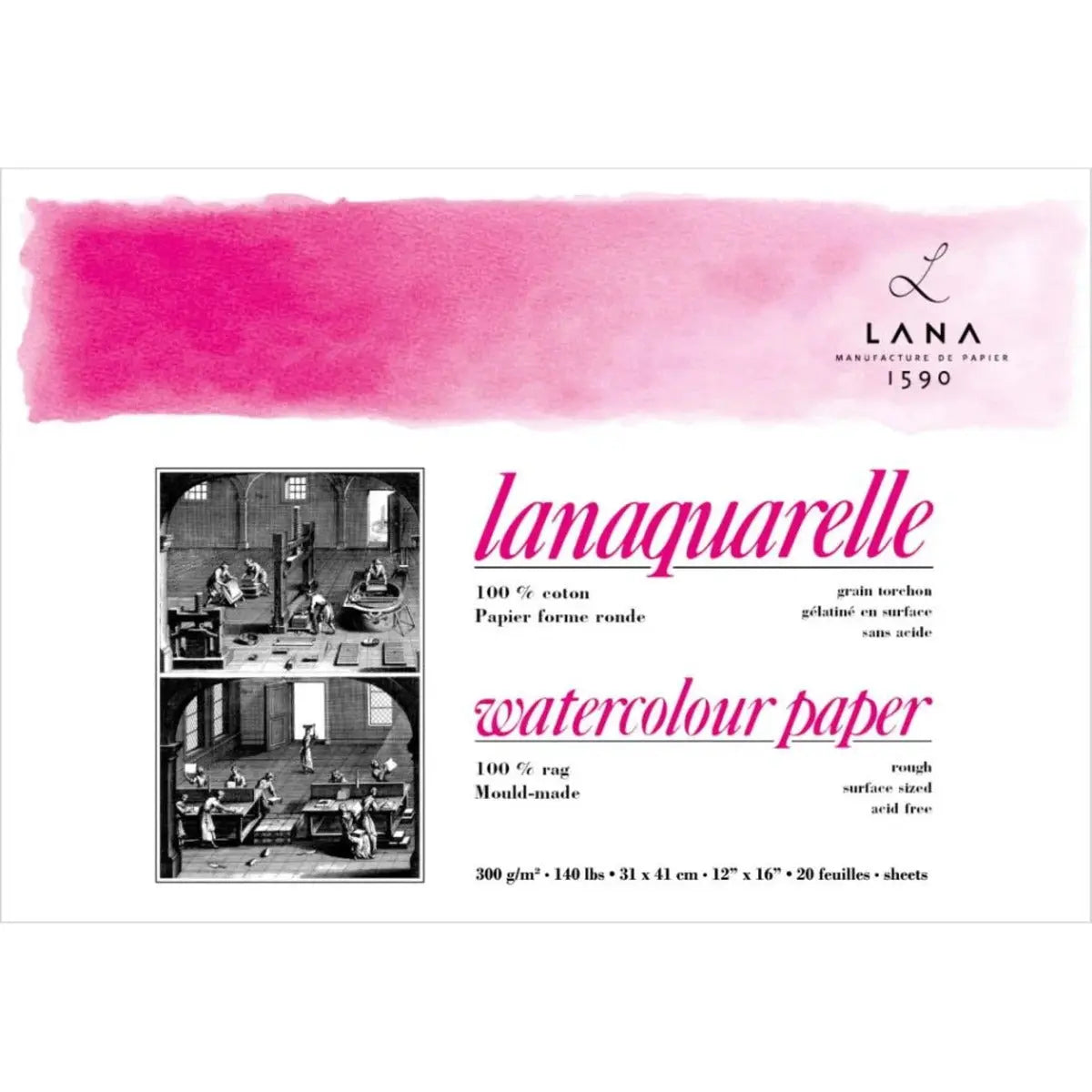 Lana Artist Watercolour Lanaquarelle Natural White 300GSM,100% Cotton paper 4Side Glued Pad(Block)-20SHT Lana