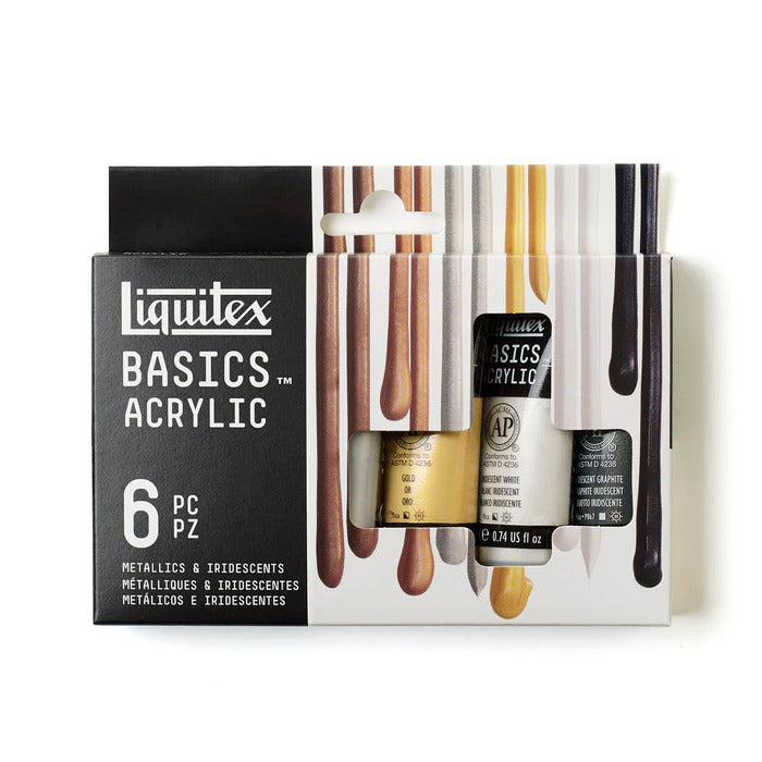 Set of 6 basics acrylic metallic paints in assorted colors.