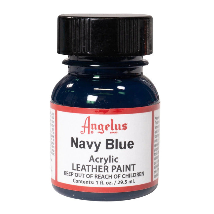 A small bottle of Angelus brand leather paint labeled "Navy Blue" containing 1 fl. oz. (29.5 ml) of acrylic paint. The label advises to keep out of reach of children.