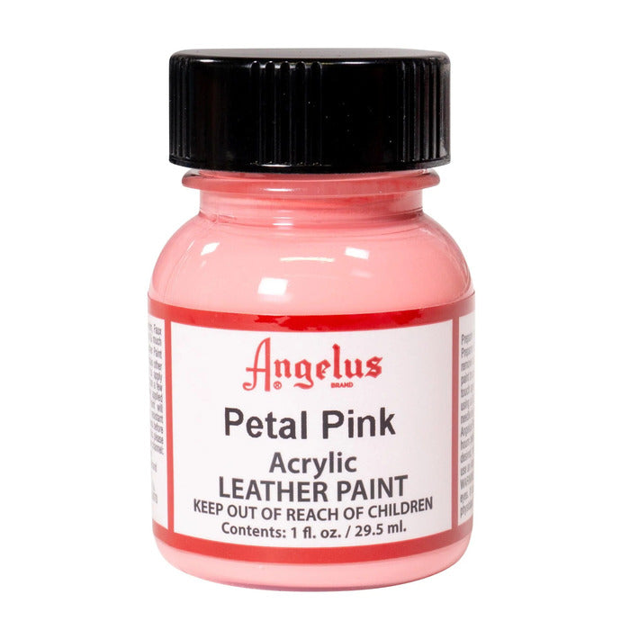 A small bottle of Angelus brand leather paint labeled "Petal Pink" containing 1 fl. oz. (29.5 ml) of acrylic paint. The label advises to keep out of reach of children.