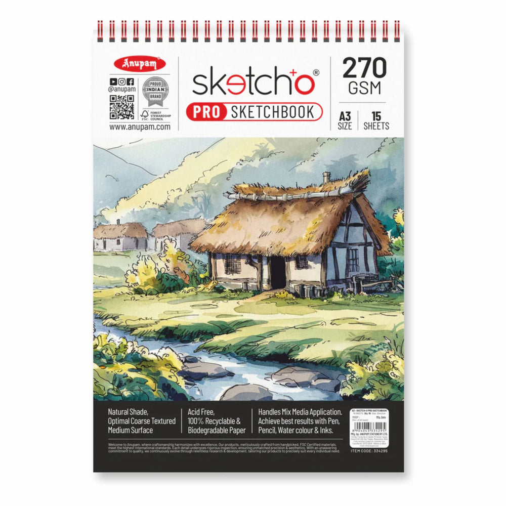 Anupam SketchO Pro Sketchbook - 270gsm Natural Shade Coarse Texture Acid Free Recyclable - 15 Sheets