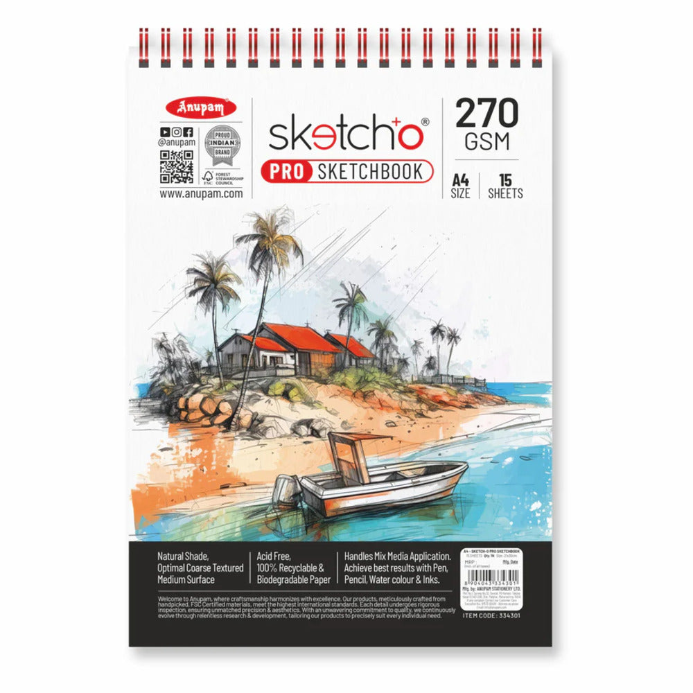 Anupam SketchO Pro Sketchbook - 270gsm Natural Shade Coarse Texture Acid Free Recyclable - 15 Sheets