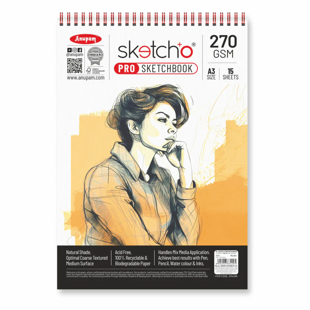 Anupam SketchO Pro Sketchbook - 270gsm Natural Shade Coarse Texture Acid Free Recyclable - 15 Sheets
