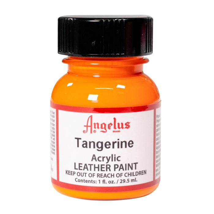 A small bottle of Angelus brand leather paint labeled "Tangerine" containing 1 fl. oz. (29.5 ml) of acrylic paint. The label advises to keep out of reach of children.