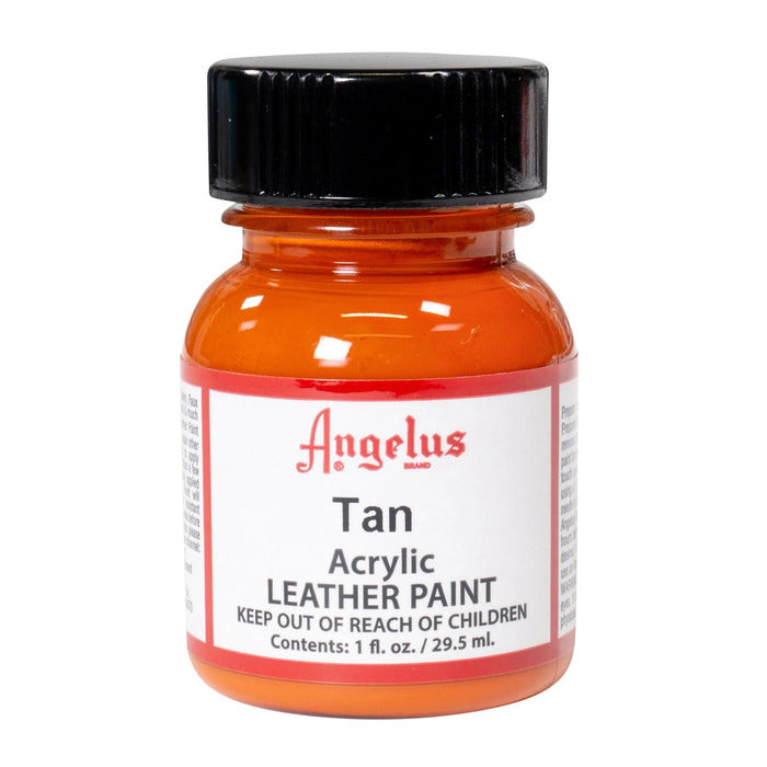 A small bottle of Angelus brand leather paint labeled "Tan" containing 1 fl. oz. (29.5 ml) of acrylic paint. The label advises to keep out of reach of children.