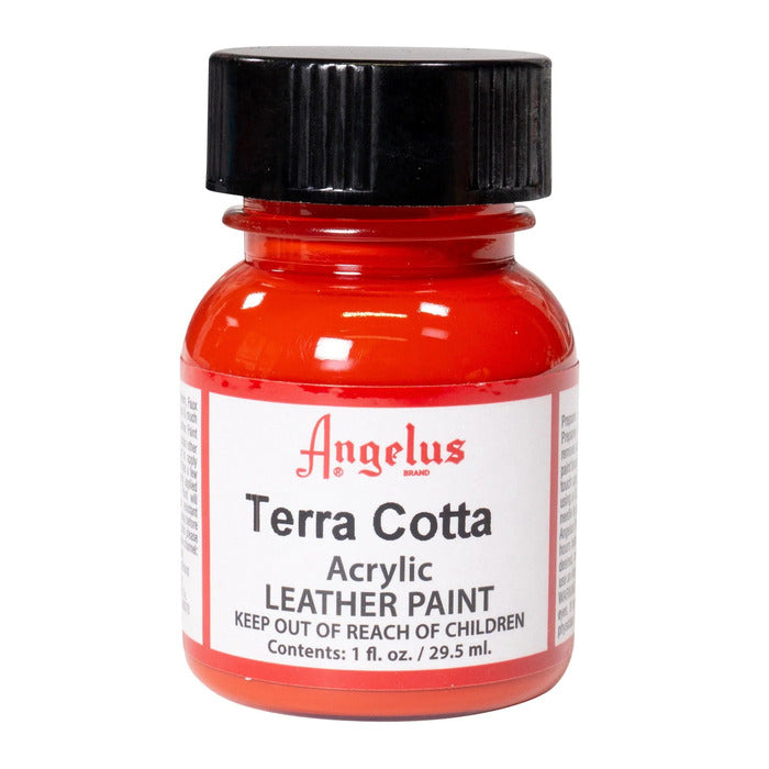 A small bottle of Angelus brand leather paint labeled "Terra Cotta" containing 1 fl. oz. (29.5 ml) of acrylic paint. The label advises to keep out of reach of children.