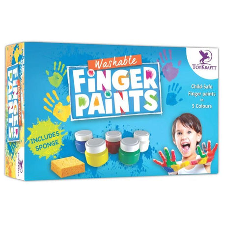 A BOX OF NON TOXIC WASHABLE FINGER PAINTS IN FIVE VIBRANT COLOURS