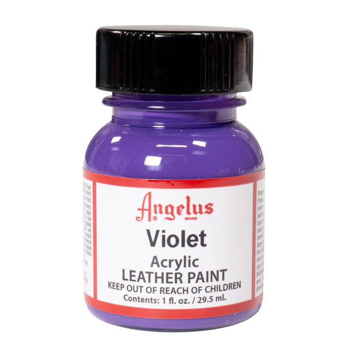 A small bottle of Angelus brand leather paint labeled "Violet" containing 1 fl. oz. (29.5 ml) of acrylic paint. The label advises to keep out of reach of children.