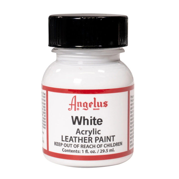 A small bottle of Angelus brand leather paint labeled "White" containing 1 fl. oz. (29.5 ml) of acrylic paint. The label advises to keep out of reach of children.