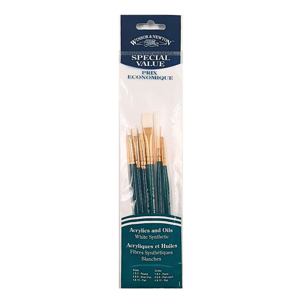 Winsor & Newton Special Value White Synthetic Brush Pack of 6 for Acrylics & Oils