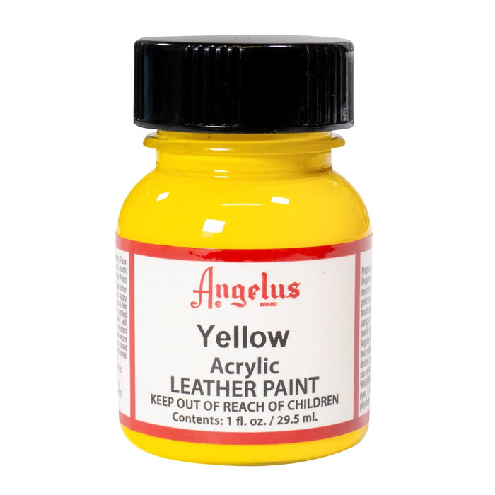 A small bottle of Angelus brand leather paint labeled "Yellow" containing 1 fl. oz. (29.5 ml) of acrylic paint. The label advises to keep out of reach of children.
