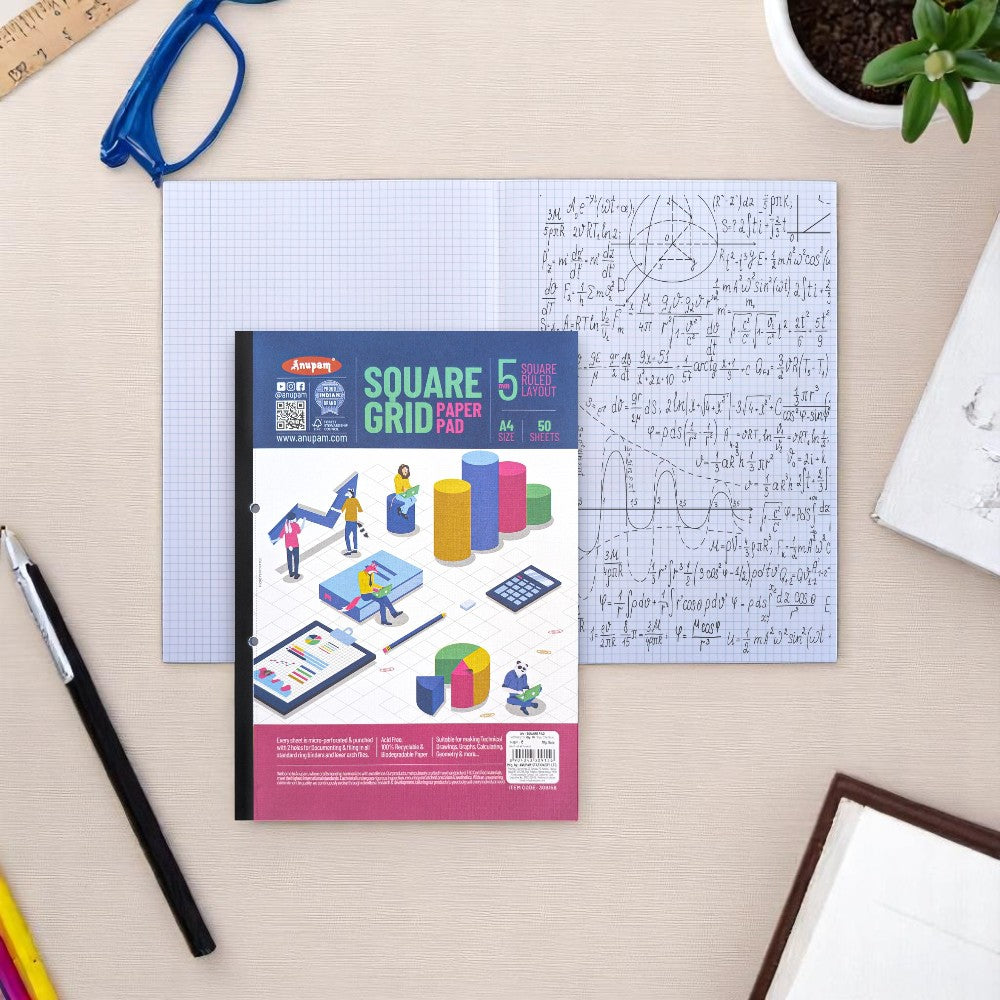 Anupam A4 5mm Squared Paper Book - 80 GSM - Graph Notebook